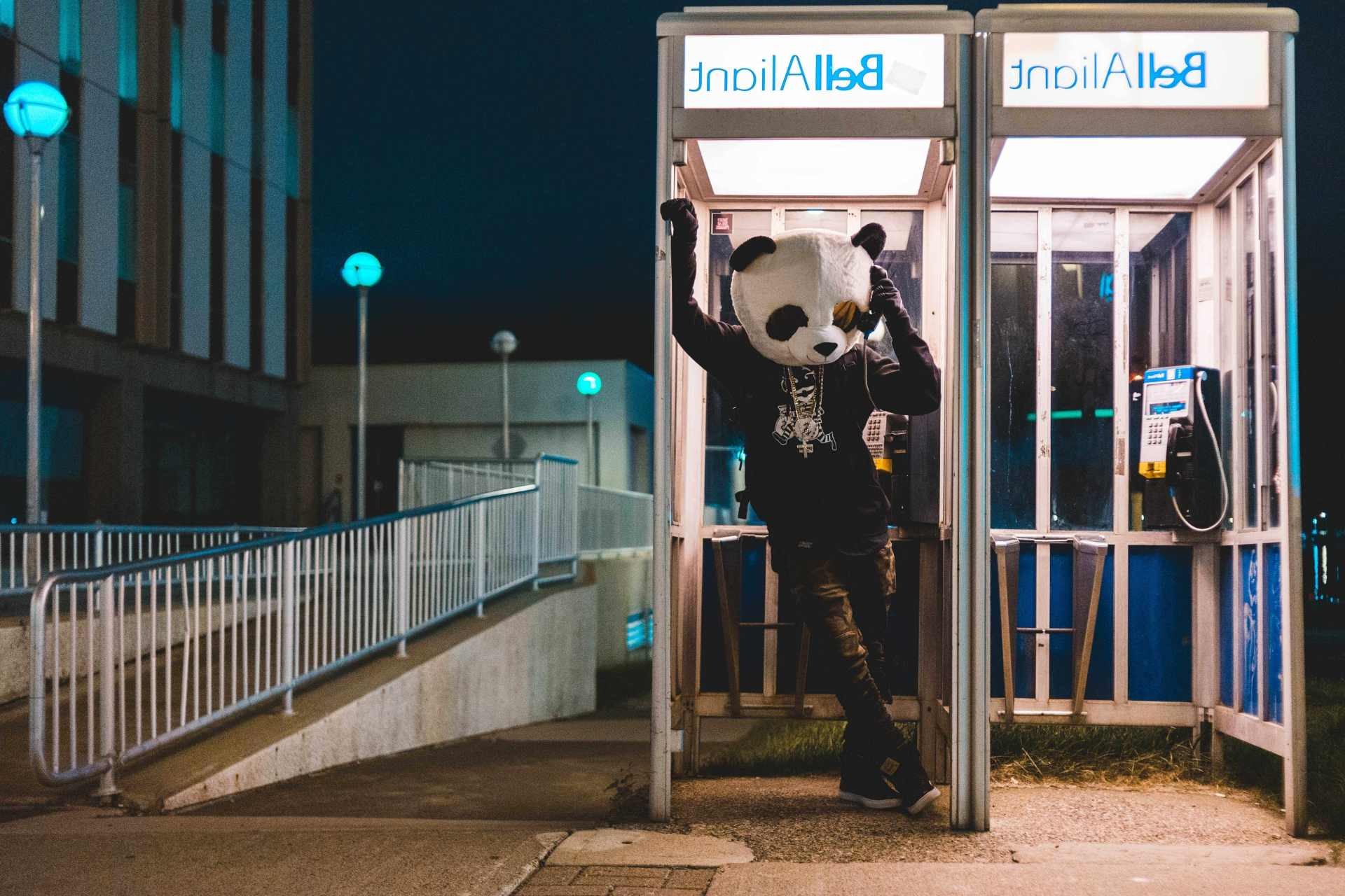 man in a panda suit in a phone booth at night